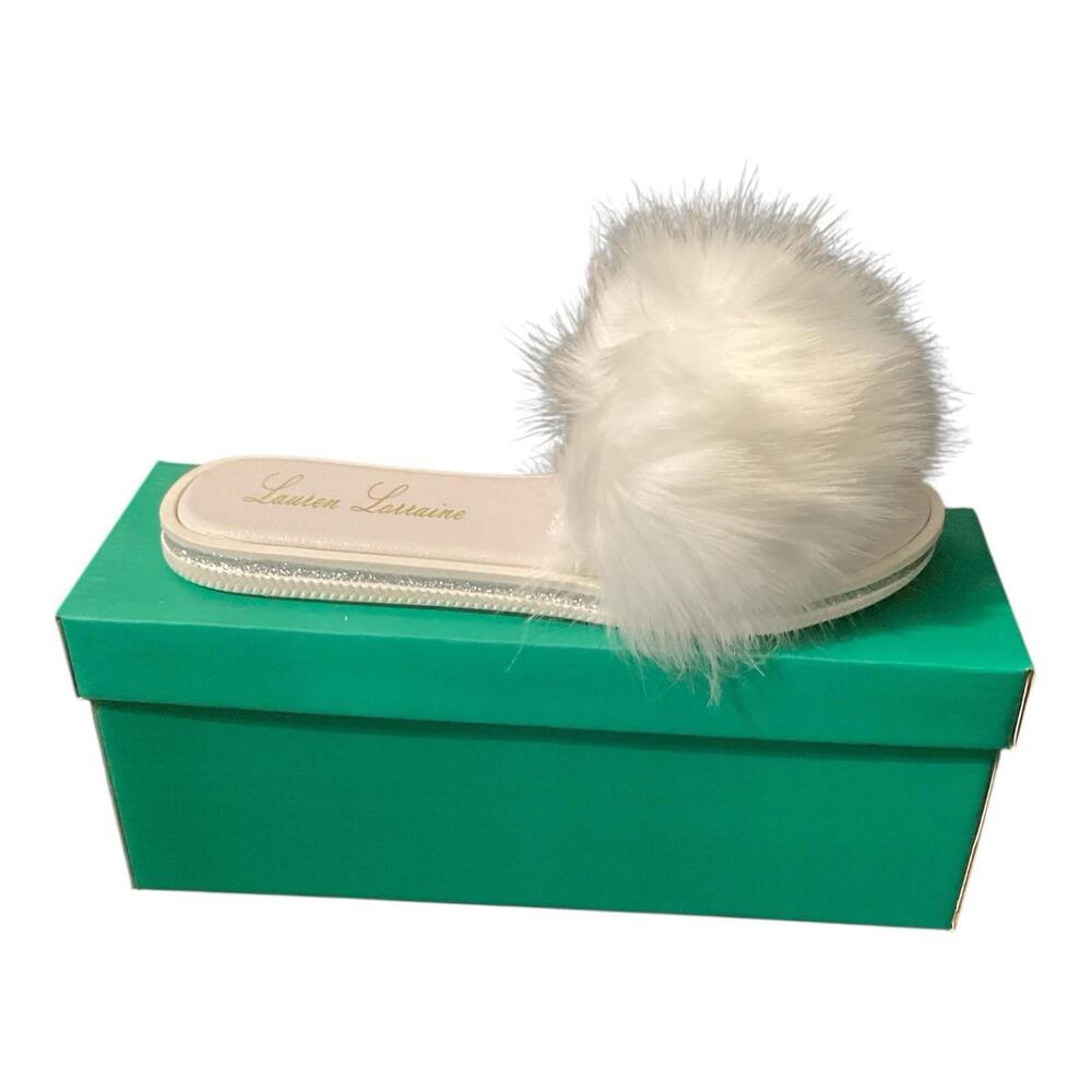 Lauren Lorraine White Faux Fur Slide Slippers Small – Glamorous Chic Lounge Shoe